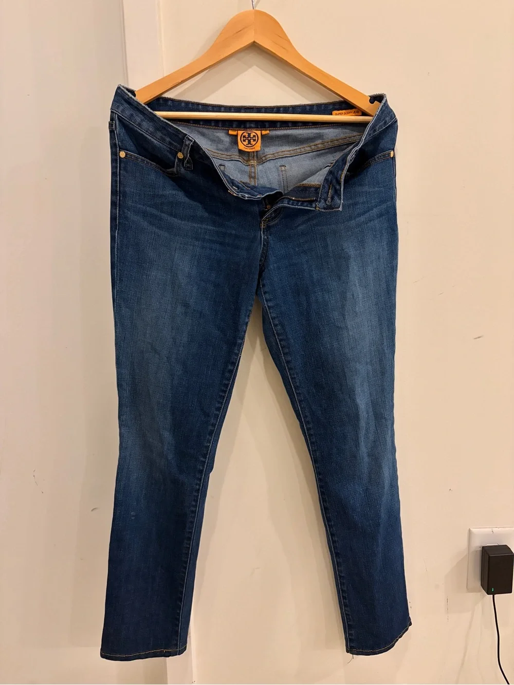 Tory Burch Super Skinny Jeans in Dark and Light Blue with Gold Stitching